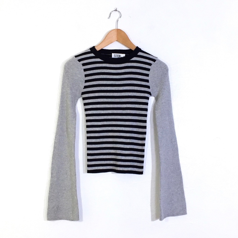 SEEK The Label Gray Black Striped Ribbed Crew Neck Long Sleeve Top S